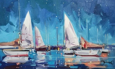 JOSE TRUJILLO Pintura al Óleo IMPRESIONISMO Coleccionable ORIGINAL Veleros Noche Foto 1 de 4