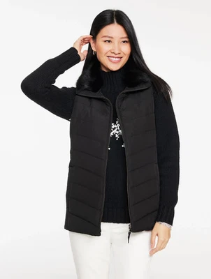 Faux Fur Collar Down Puffer Vest at Talbots, NWT $169, All size, color BLACK - Image 1 of 4