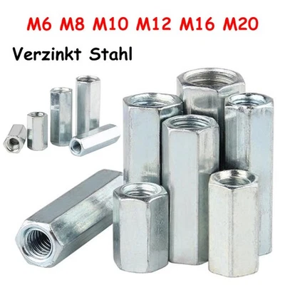 M6 M8 M10 M12 M16 M20 Sechskantmuttern Verzinkt Stahl Langmutter Distanzmuttern - Bild 1 von 4