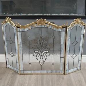 Vtg Ornate Folding Brass 3 Textured Glass Panels Beveled Center Fireplace Screen - Picture 1 of 18