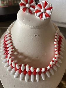 Vintage West Germany rot und weiß Acryl Halskette/Chocker Clip Ohrringe Set - Bild 1 von 7