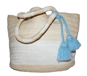 ALTRU Light Tan & White Woven Raffia Tote Bag 9 x 15 - Picture 1 of 10