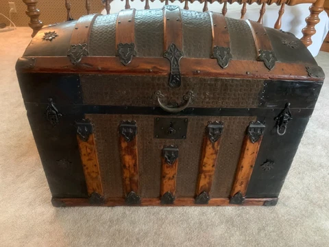 Antique/Vintage Camelback Domed Steamer Trunk, Oak and Embossed Tin, Cedar lined Cover