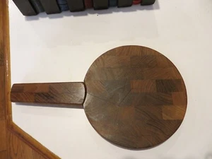 Vintage DANSK Parquet Wood Cheese Board Attached Knife 6.75" round - Picture 1 of 7