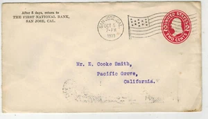 1909 SAN JOSE CALIFORNIA FLAG CANCEL TO PACIFIC GROVE - Picture 1 of 1
