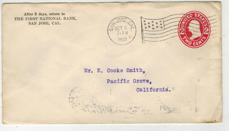 1909 SAN JOSE CALIFORNIA FLAG CANCEL TO PACIFIC GROVE - Image 1 of 1
