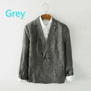 Men Linen Suit Jacket Coat Plain Lapel Double Breasted Business Blazer Top Solid - Picture 1 of 24