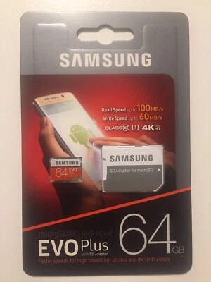 SAMSUNG MICROSDHC EVO PLUS 64GB 100 MB/s 4K CLASSE 10 + ADAPTER NUOVA SIGILLATA - Immagine 1 di 2