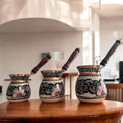 Cafetera Cobre Sólido Cezve Turco Árabe Griego Café 3 Tamaños O ❗️Juego de 3 Foto 1 de 4