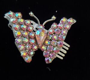Vintage Joseph Warner Butterfly Hair Comb AB Rhinestones Silver Tone Signed