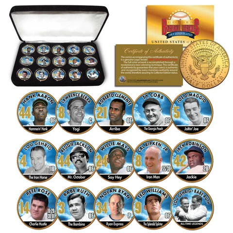 GOLDEN BASEBALL LEGENDS 15-Coin Set JFK Half Dollars 24K Gold Plated with Box Cover