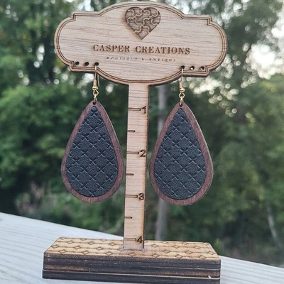 Pendientes Madera Cuero Boho Cuelgan Ligeros Joyería Artesanal Lágrima Negra 2B Foto 1 de 3