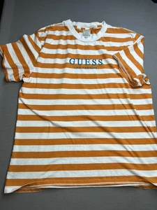 Guess Shirt Mens Large Orange White Striped Los Angeles Embroidered Logo Tee - Picture 1 of 7