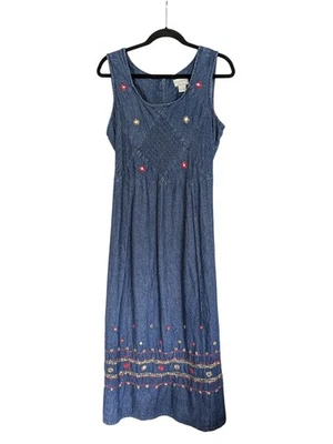 Vintage 90s Womens Embroidered Denim Jumper Midi Maxi Dress Size 14 W Petite  - Image 1 of 4
