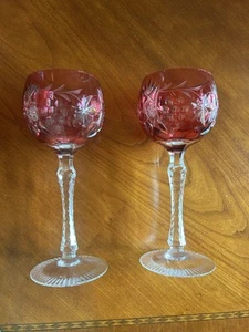 2 Bohemia Grape Pattern Cranberry Cut to Clear Crystal Tall Hock Wine Glass 7.4" - Picture 1 of 5