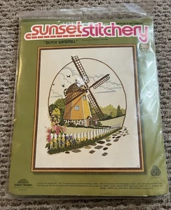 Kit crewel couture coucher de soleil 2478 "moulin à vent hollandais" 16" x 20" broderie vintage - Photo 1/6
