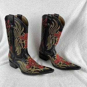 Aguila Real Boots Mens 7.5 Black Leather Embroidered Pointed Toe Western Boot - Picture 1 of 14