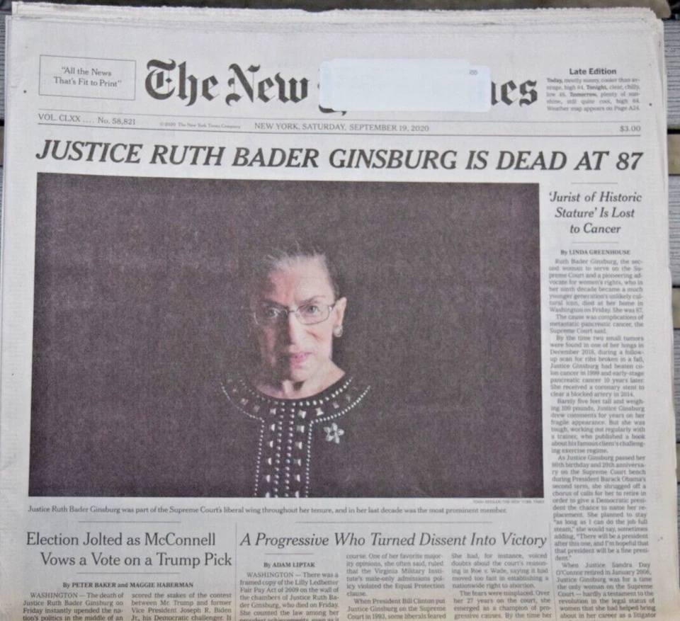 Homenaje a Ruth Bader Ginsburg Dead The New York Times 19/09/2020 💲 Foto 1 de 1