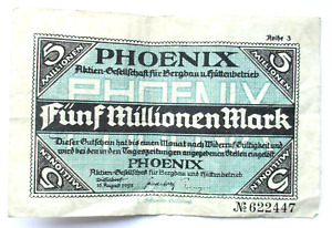 Düsseldorf 5 Millionen Mark 1923 Notgeld Phoenix Bergbau u. Hüttenbetrieb II
