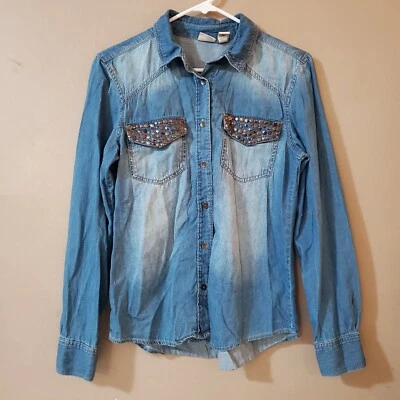 Blusa jeans feminina Mudd tamanho M Jrs azul manga longa bolsos cravejados com botões - Imagem 1 de 4