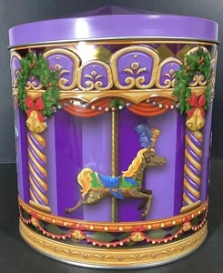 Carrusel de lata morada de Navidad vintage con caballos en relieve Galletas Dulces Galletas - Imagen 1 de 5