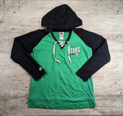 Dallas Stars NHL Hoodie Womens Large Green Black V-Neck Sweatshirt Drawstring Cover