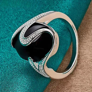 925 Sterling Silber runder Obsidian Ring | Damen Hochzeit Verlobung Charm Schmuck - Bild 1 von 7
