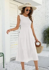 Annebouti Ruffle Cap Sleeve Swiss Dot Smocked Tiered Midi Dress - WHITE - XL NEW - Picture 1 of 5
