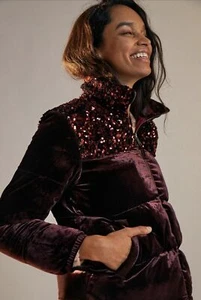 Chaqueta acolchada de terciopelo con lentejuelas Anthropologie Vera talla L nueva - Imagen 1 de 4