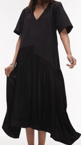 Topshop Zip Front Poplin & Satin Chuck on Midi Dress Black Sz US 8, Retails $85 - Picture 1 of 9