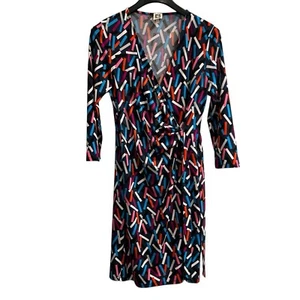 Anne Klein Dress Women 10 Faux Wrap Jersey Knit Multicolor Geometric Office - Picture 1 of 8
