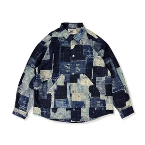 Men's Japanese Boro Sashiko Distressed Patchwork Denim Style Button Up L/S Shirt - Picture 1 of 9