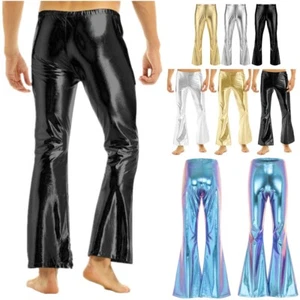 Men's Shiny Metallic Disco Long Pants Bell Bottoms Motorcycle Flared Trousers - Picture 1 of 51