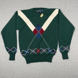 NWT Vintage Emerald Club Sweater M Green Crew Neck Argyle Pattern Long Sleeves - Picture 1 of 10