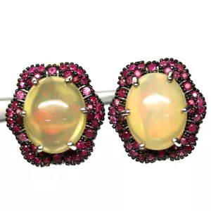 925 Plata de Ley 18 x 11 Mm. Multicolor Ópalo Y Rubí Pendientes Oro Blanco - Imagen 1 de 4