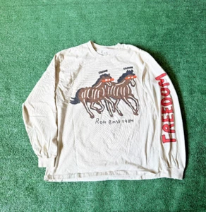 Ron Bass Shirt Mens Large Tan Long Sleeve Ripple Horses Animals Art Graphic - Picture 1 of 6