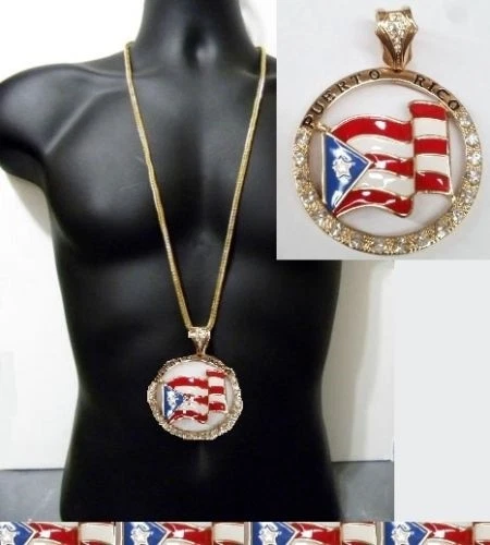 Cadena Franco Oro 36" Bandera Puerto Rico Medallón Colgante Collar Orgullo Hip Hop Foto 1 de 1