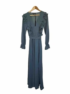Pleated Ruffled Maxi Dress Tie Waist Muted Teal Blue Lined Sheer Slit SMALL 2 4 - Picture 1 of 9
