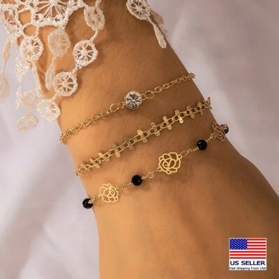 Fashion Women Jewelry Retro Bracelet Crystal Rose Black Beads Wrist Charm 1743 - Image 1 of 3