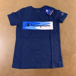 Champion Youth Size Small Navy Short Sleeve Wavy Box Script Logo Tee NWT - Picture 1 of 5