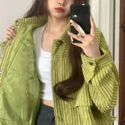 Lady Corduroy Jacket Coat Outerwear Outdoor Pocket Loose Preppy Casual Coat Warm - Image 1 of 4