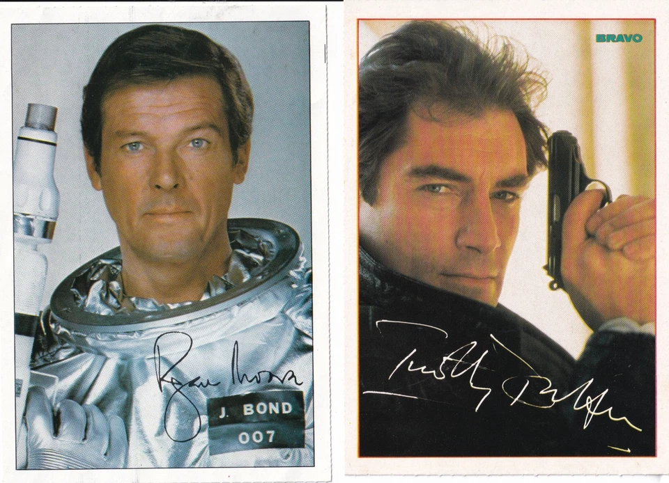Roger Moore  & Tmotha Dalton - 2 x 007 - Bravo Autogrammkarten - Bild 1 von 1
