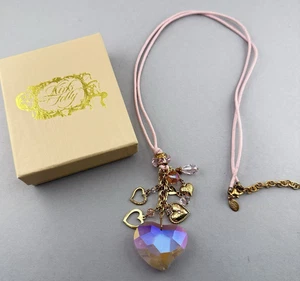 Kirks Folly Necklace Heart Hearts Pink Gold Charms Dangle Cord Crystal Box - Picture 1 of 13