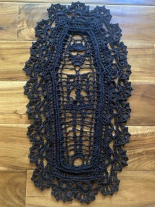 Rare Large Handmade Crocheted Black Skull Doily 100% Cotton Lace 12”* 22” - Picture 1 of 4