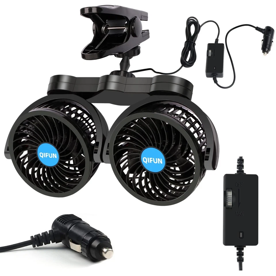 12v Adjustable Dual Head Clip Fan 4 Inches Electric Car Clip Fans 360° Rotatable