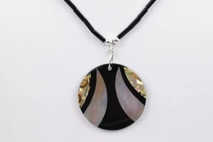 Handmade Studio sterling necklace w black glass MOP inlay shell 20 in - Picture 1 of 15