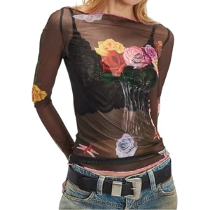 Neu mit Etikett Free People x Tyler McGillivary Vanitas Top durchsichtig schwarz Blumenmuster Small 178 $ - Bild 1 von 6