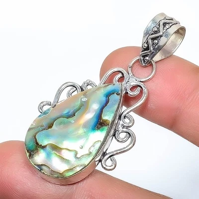 Colgante de piedras preciosas con concha de abulón hecho a mano de plata de ley 925 joyería india Foto 1 de 4