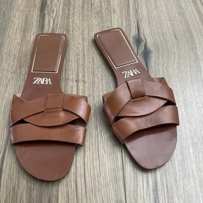 Zara Flat Crossed Slides Brown Leather Sandals Size 38 US 8 Cognac Retail $49 - Image 1 of 4