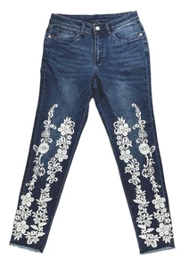 Venus Floral Embroidered Jeans Womens 8 Blue Wash White Flowers Skinny Raw Hem - Picture 1 of 5